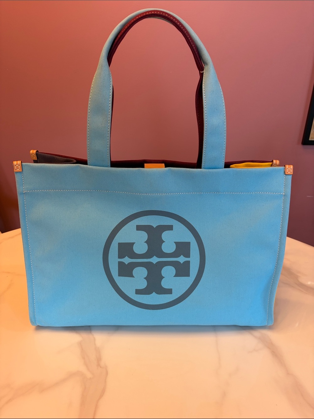 Tory Burch Light Blue Canvas Logo Tote with Dark Blue Emblem